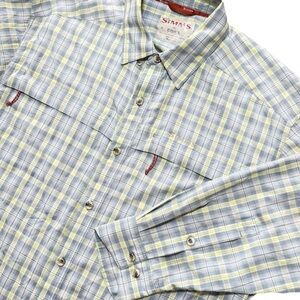 Simms Cor3 Fishing Shirt Mens XL Blue Yellow Plaid Zipper Pockets Long Sleeve